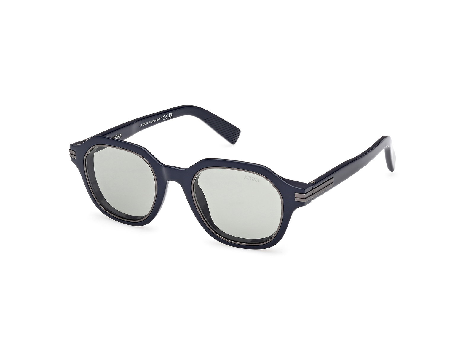 Das Bild zeigt die Zegna Sonnenbrille 0250 in glänzend blau leicht schräg von der Seite.